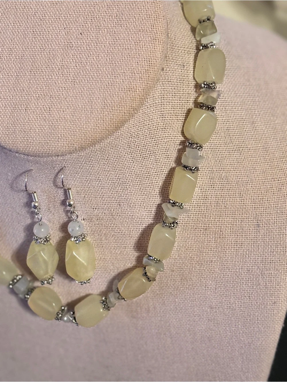 Vintage Trisha Waldron Yellow Agate Beaded Necklace and Drop Earring Set